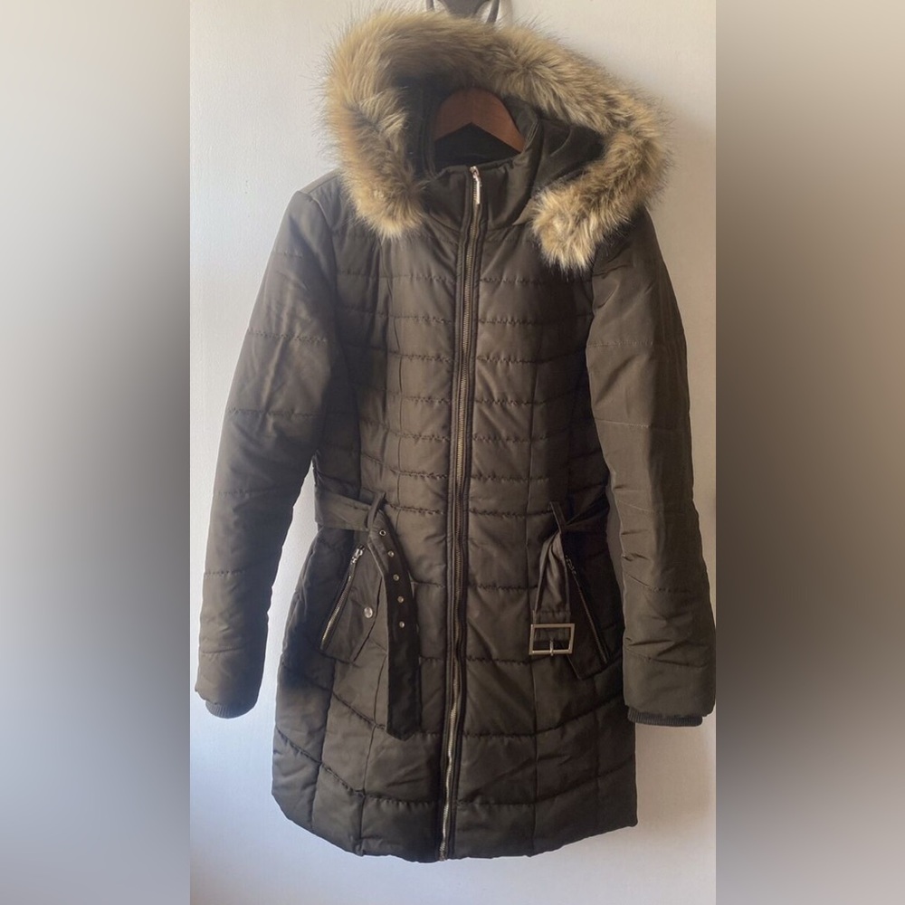 Karl Lagerfeld Paris Green Faux Fur Quilted Parka Jacket